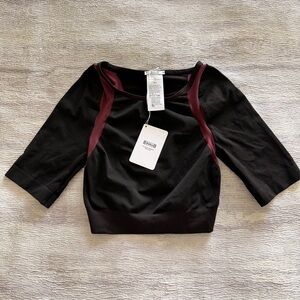 NWT Wolford Black Crop Sport Top with Burgundy Panels, Size S